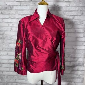 Vintage Marisa Baratelli Silk Burgundy Wrap Blouse with Floral Beads